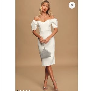 Lucky Number White Puff Sleeve Bodycon Midi Dress